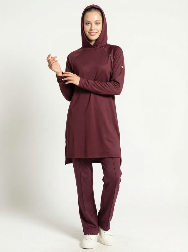 Yanları Yırtmaçlı Kapüşonlu Quick Dry Eşofman Üstü - Bordo